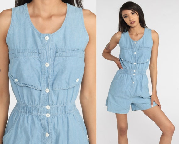 Denim Romper 90s Light Blue Chambray Playsuit Retro Boho Button Up One Piece Jean Romper Shorts Sleeveless Summer Vintage 1990s Dreams Small