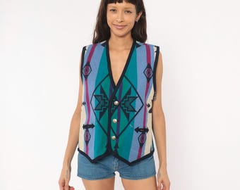 Gilet reversibile anni '90 stile sud-occidentale, blu navy, lana e cotone, coperta, azteco, geometrico, verde acqua, magenta, scollo a V, tasche, top senza maniche, stile tribale, taglia L