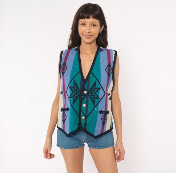 90s Reversible Southwestern Vest Navy Wool Cotton Blanket Aztec Geometric Teal Magenta V Neck Pockets Western Sleeveless Top Tribal Large L