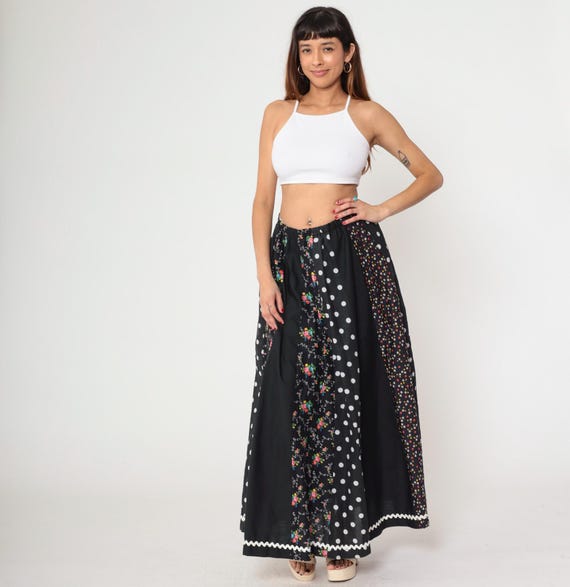 Vintage Floral Prairie Skirt 70s Black Polka Dot Patchwork Hippie Maxi Skirt 1970s Boho Bohemian High Waist Peasant Ric-Rac Small Medium