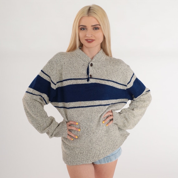 80s Striped Sweater Wool Blend Pullover Knit Henley Sweater Grey Navy Blue Button Up Slouchy Jumper Retro Basic Vintage 1980s Extra Large xl