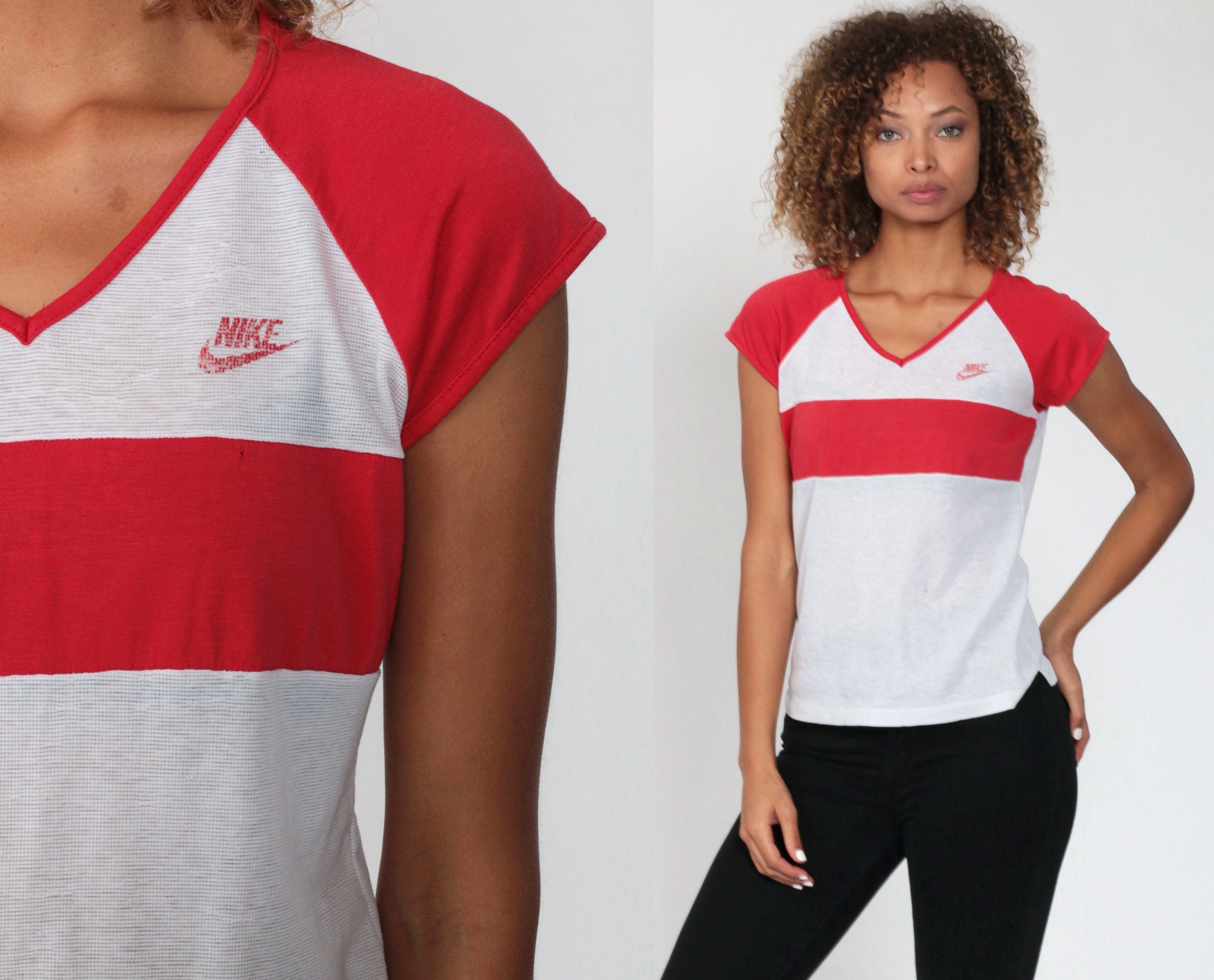 80s Nike Shirt -- Athletic Nike MESH Semi Sheer White Red Running Top ...
