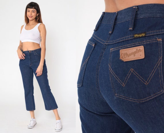 Wrangler Jeans Flared 80s Dark Wash High Waisted Jeans Cropped Bootcut Ankle Leg Hippie Boho 1980s Denim Pants Dark Blue Vintage 32 Medium