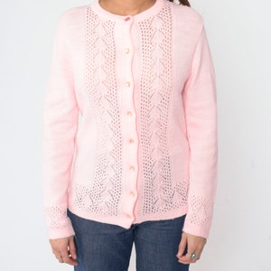 70s Baby Pink Cardigan Pointelle Knit Button up Sweater Open Weave Cutout Boho Pastel Grandma Cut Out Spring Acrylic Vintage 1970s Small S image 8