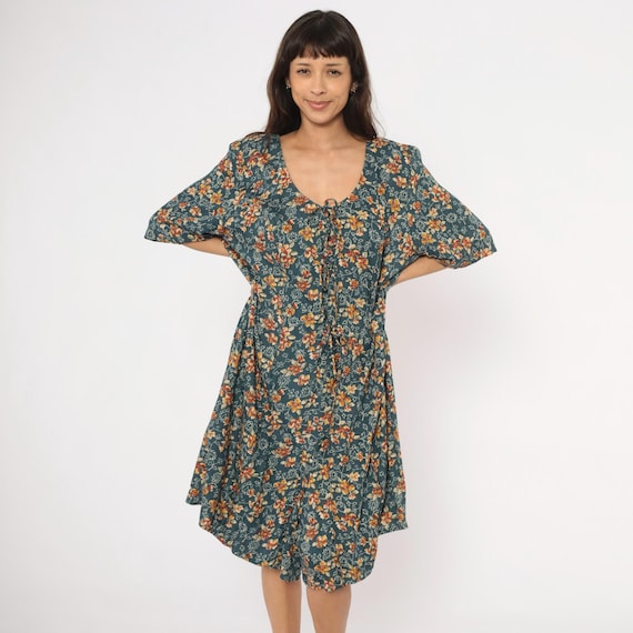 90s Cottagecore Floral Dress Teal Orange Botanical Flutter Sleeve Prairie Garden Party Frock Summer Sundress Fairycore Vintage Medium M