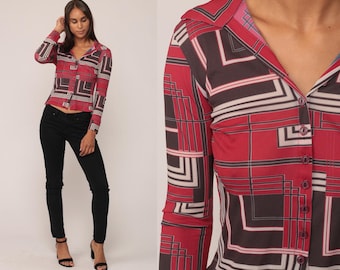 90s Blouse Geometric Print Shirt Button Up Shirt Long Sleeve Top Grunge Red Checkered Collar Blouse 1990s Vintage Small Medium