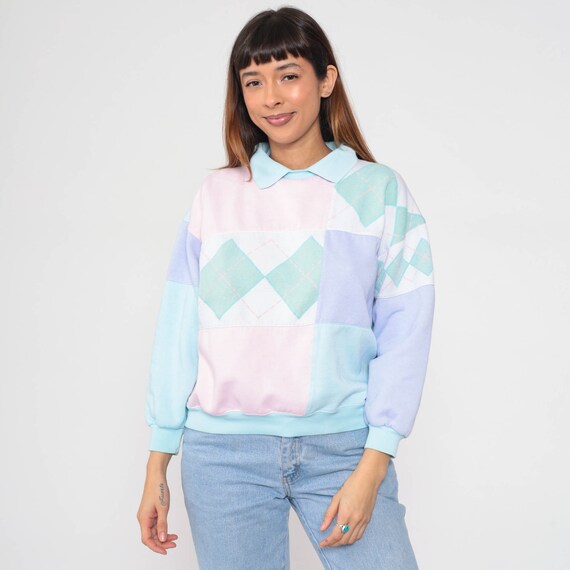 Color Block Sweatshirt 90s Pastel Argyle Checkere… - image 3