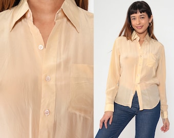 70s Peach Silk Shirt Semi-Sheer Button Up Shirt Disco Shirt Dagger Collar Long Sleeve Top Plain Oxford Vintage 1970s Men's Small 14-14 1/2