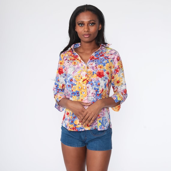 70s Floral Shirt Boho Shirt Notched Collar Disco Shirt Button Up Flower Print Bohemian Blouse 1970s Hippie Vintage Long Sleeve Medium