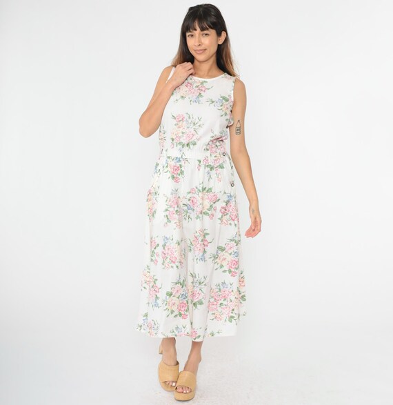 Vintage Floral Midi Dress 90s White Button Side Summer Dress Boho Pocket Sundress Pastel High Waisted Sleeveless 1990s LizWear Small Petite