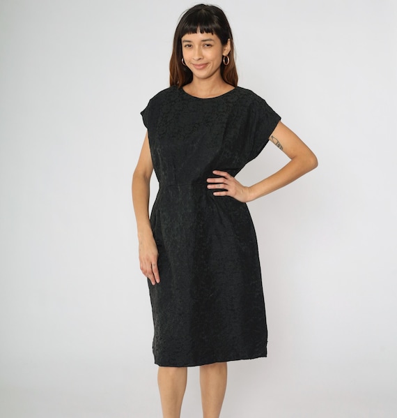 Vintage Black Brocade Dress 60s Sheath Dress Evening Party Dress Hourglass 1960s Mad Men Midi Cocktail High Waist Short Sleeve Large L