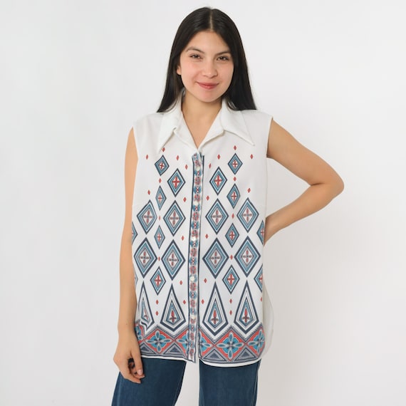Vintage 70s Geometric Blouse White Mod Tank Top Boho Shirt Op Art Diamond Print Shirt Button Up Sleeveless Bohemian 1970s Large L