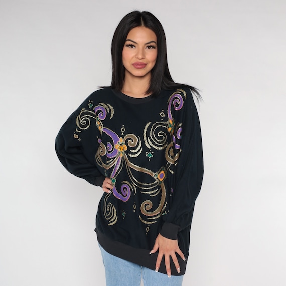 Glitter Paint Sweatshirt 90s Swirl Print Rhinestone Sweater Novelty Print Sparkly Jewel Black Purple Gold Vintage 1990s Extra Large xl