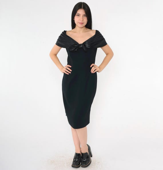 90s Off Shoulder Party Dress Vintage Black Bow Cocktail Sheath Dress 1990s Formal Evening Dress Midi Length Medium 8