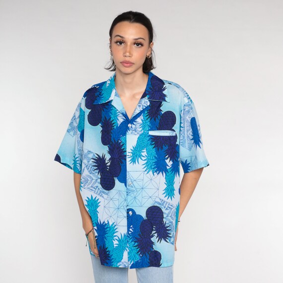 Pineapple Shirt 70s Blue Hawaiian Shirt Tropical Print Button Up Top Short Sleeve Retro Tourist Summer Vacation Vintage 1970s Mens Large L