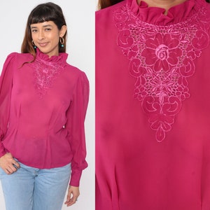 Sheer Victorian Blouse 70s 80s Fuchsia Eyelet Floral Embroidered Chiffon Top Party Long Puff Sleeve Shirt Formal Vintage 1980s Medium 8 image 1