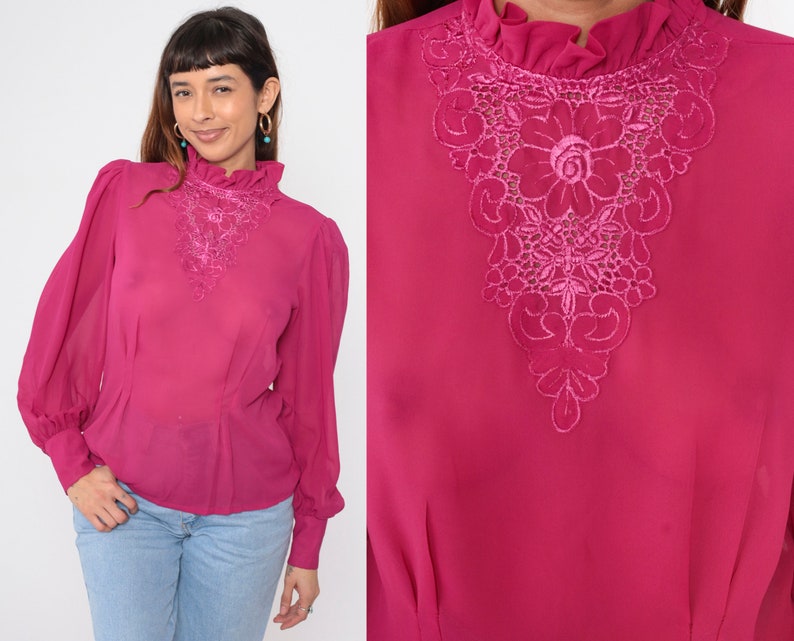 Sheer Victorian Blouse 70s 80s Fuchsia Eyelet Floral Embroidered Chiffon Top Party Long Puff Sleeve Shirt Formal Vintage 1980s Medium 8 image 1