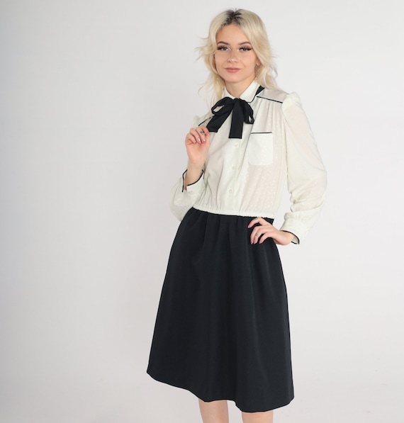 80s Secretary Dress Black Off-White Puff Sleeve Dress Ascot Necktie Mini Shirtdress Polka Dot Dress Collar High Waist 1980s Vintage Small S