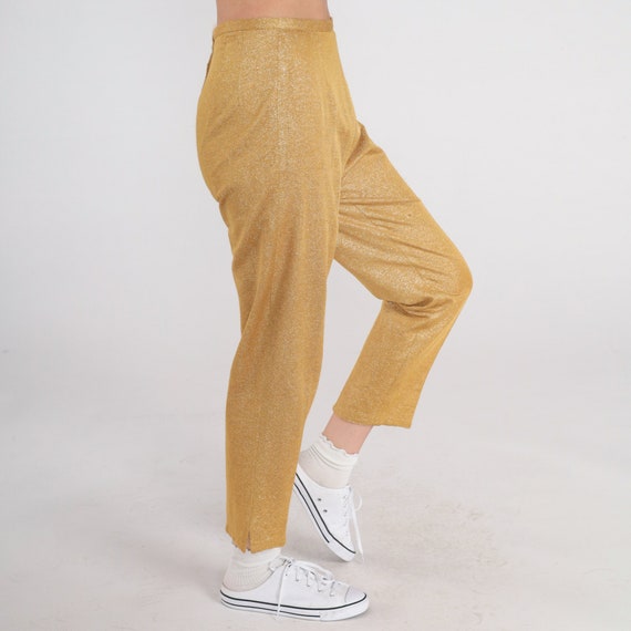 Metallic Gold Pants 70s Sparkly Trousers High Waisted Straight Leg Slacks Disco Boho Hippie Groovy Party Festival Retro Vintage 1970s Small