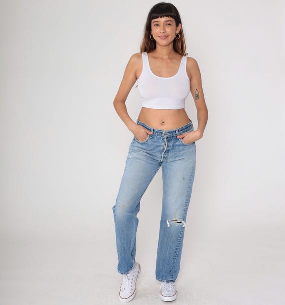 Vintage Levi's 501 Jeans y2k Faded Straight Leg Boyfriend Jeans Button Fly Denim Pants High Rise Waist Levi Blue 1990s Medium 33 32