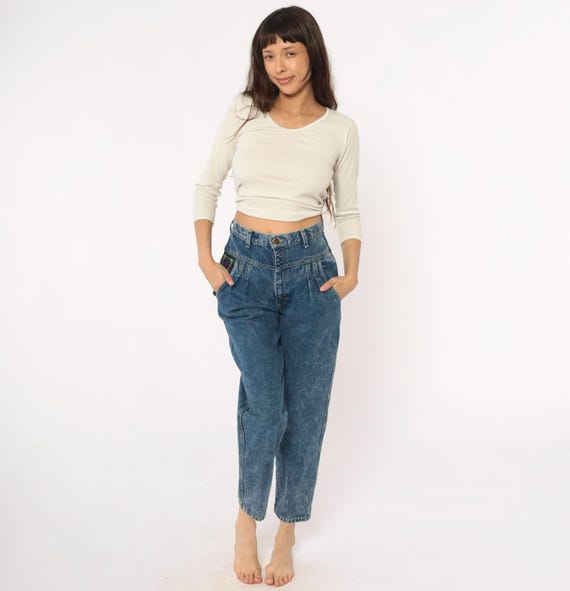 90s Mom Jeans High Waisted Acid Wash Stonewash Pleated Front Tapered Leg Cotton Denim Vintage Streetwear Nerdcore Relaxed Blue Small S