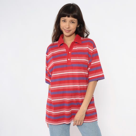 80s Striped Polo Shirt Red White Blue Short Sleeve Collar Preppy Sporty Golf Grandpa Vintage Tournament Casual Summer Top Extra Large XL