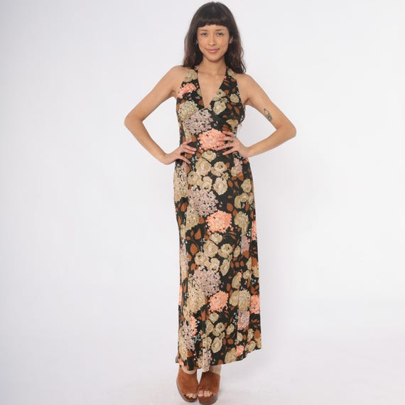 70s Floral Maxi Dress Halter Neck Deep V Dark Green Pink Cream Orange Sleeveless Summer Disco Party Long Evening Vintage Hippie Small S