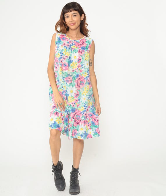 90s Floral Dress Pink Yellow Blue Sleeveless Ruffle Hem Drop Waist Midi Romantic Summer Pastel Watercolor Cotton Feminine Daisy Medium M