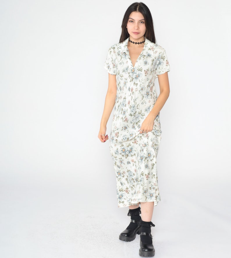 Floral Grunge Dress 90s Off-White Floral Dress Boho Midi Dress V Neck Collared 1990s Sheath Bohemian Bloom Print Light Short Sleeve Large image 2