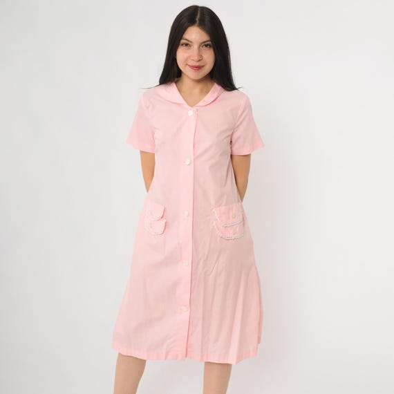 Pink House Dress 60s Charmode Lounge Garden Wear Peter Pan Collar Lace Trim Pockets Cotton Mod Kitchen Medium M