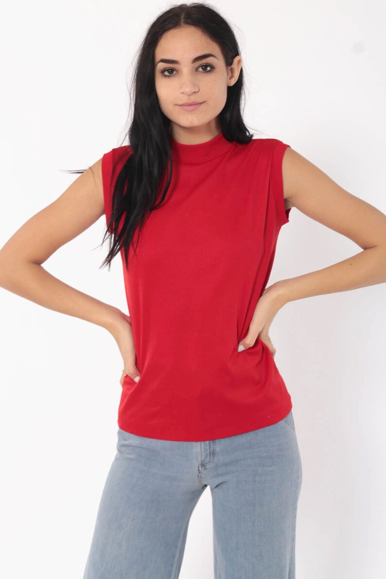 Red Tank Top 70s Sleeveless Shirt Retro High Neck Tank Top Mod Boho Blouse Vintage Plain Simple Polyester 1970s Small