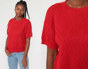 Red Sweater Top 80s Off-White Knit Shirt Boho Open Weave Short Sleeve Sweater Sheer 1980s Pointelle Bohemian Slouchy Retro Vintage Medium