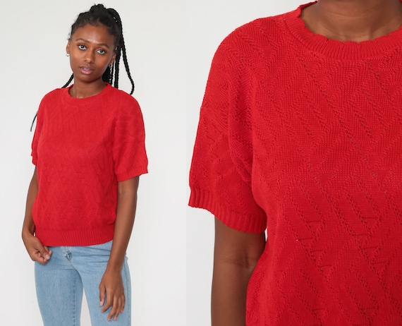 Red Sweater Top 80s Off-White Knit Shirt Boho Open Weave Short Sleeve Sweater Sheer 1980s Pointelle Bohemian Slouchy Retro Vintage Medium