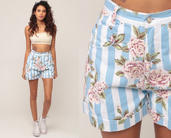 90s Denim Shorts Striped Floral Shorts High Waisted Blue Jean Shorts Mom Shorts Rose Print Vintage 1990s Striped Pastel Extra Small xs 0 00