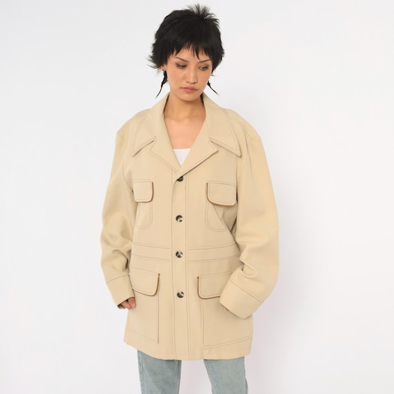 70s Leisure Jacket Tan Safari Four Pocket Brown Contrast Stitch Butterfly Collar Khaki Utility Coat Boxy Mens Womens Vintage Medium M