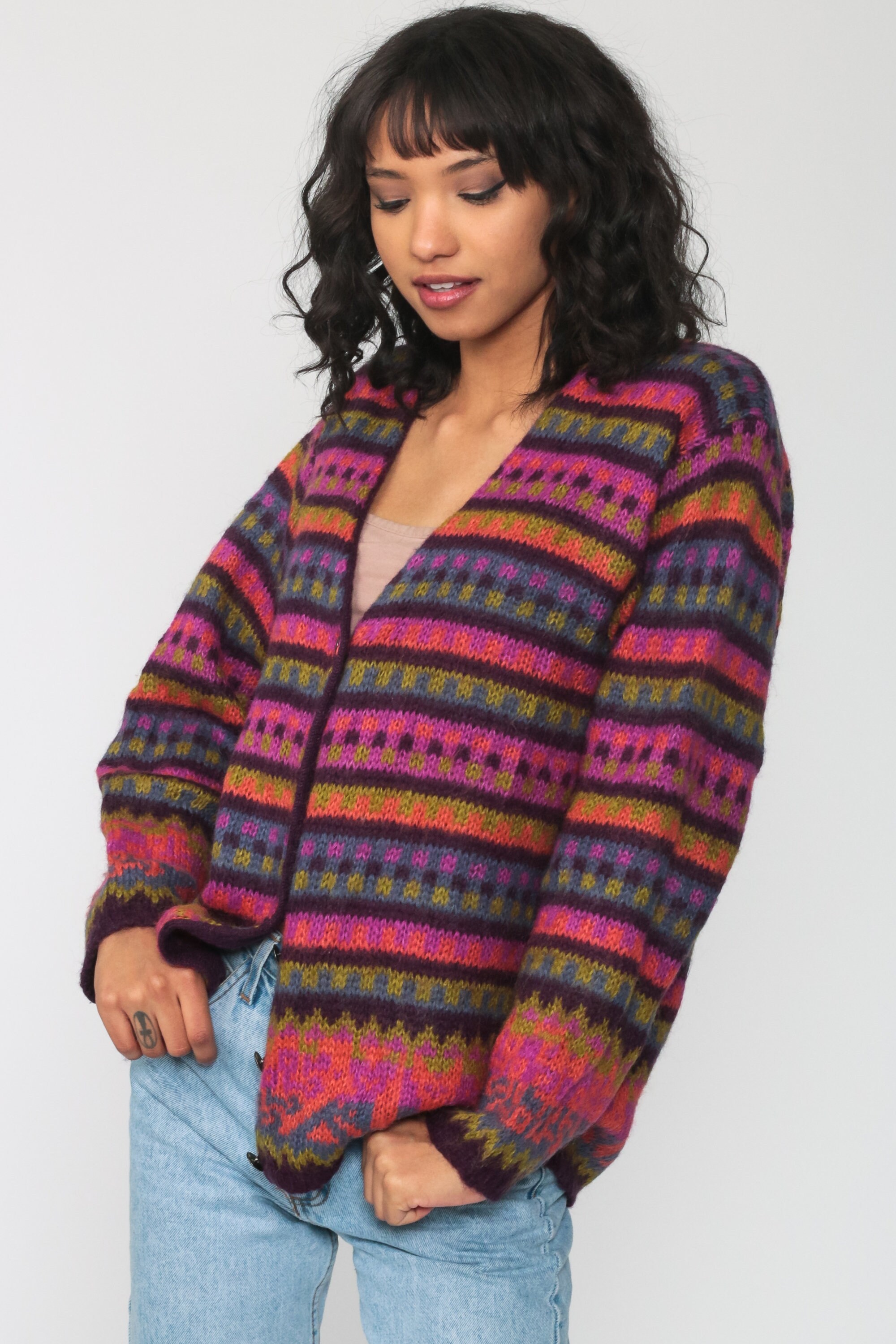 Mohair Sweater FOX PRINT Sweater 80s Grandma Cardigan Animal Striped ...