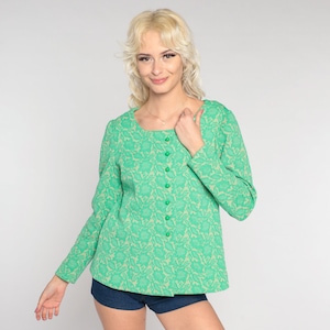 Green Floral Blouse 70s Boho Shirt Retro Button Up Top Textured Flower Print Groovy Seventies Long Sleeve Vintage 1970s Small S