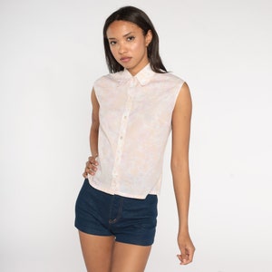 70s Tank Top Pastel Floral Shirt Hippie Blouse Boho Shirt Sleeveless Blouse Button Up Top Vintage Bohemian 1970s White Lavender Small s