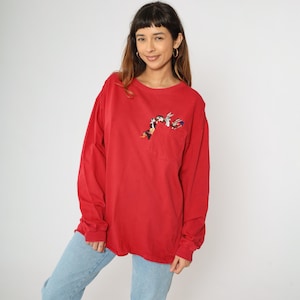 Jaren 90 Warner Bros Shirt Vintage Rode Looney Tunes Bugs Bunny T-shirt Taz Tweety Bird T-shirt Cartoon Grafisch T-shirt Met Lange Mouwen Zak Medium M