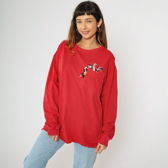 90s Warner Bros Shirt Vintage Red Looney Tunes Bugs Bunny T-Shirt Taz Tweety Bird Tshirt Cartoon Long sleeve Graphic Tee Pocket Medium M