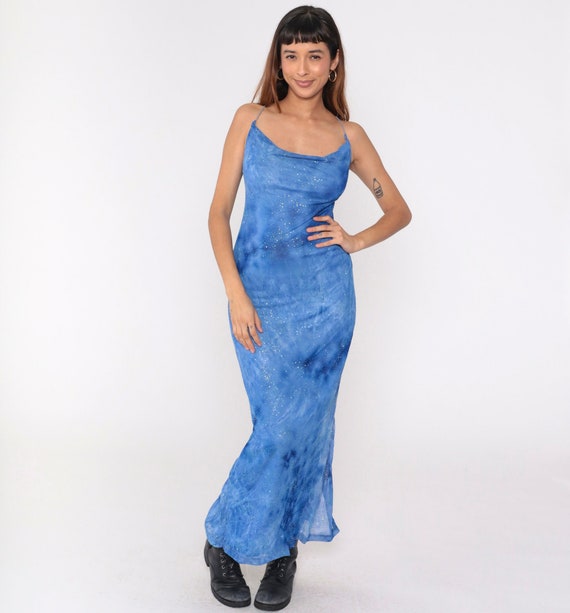 90s Party Dress Blue Sparkly Tie Dye Maxi Spaghetti Strap Dress Cowl Neck Glitter Long Cocktail Prom Mermaid Clinging Strappy Sparkle Medium Etsy