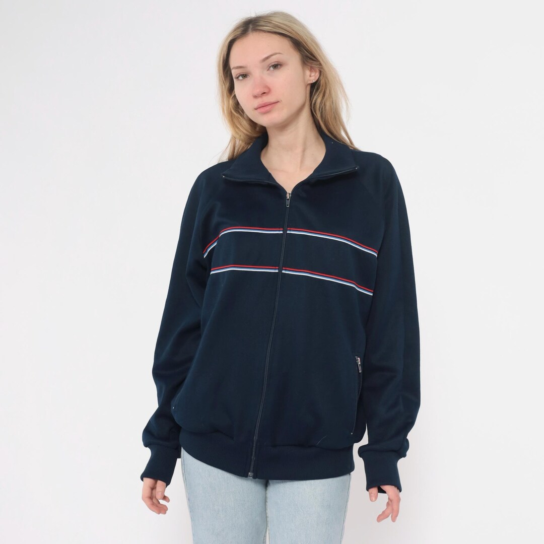80s Track Jacket Navy Blue Red White Blue Stripe Zip up Athletic