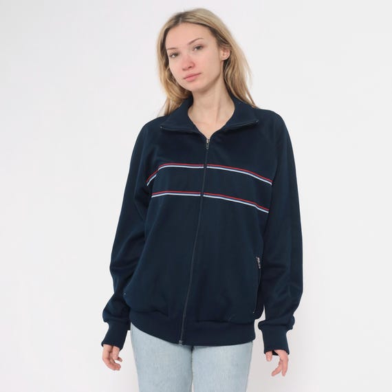 80s Track Jacket Navy Blue Red White Blue Stripe Zip Up Athletic Sporty Vintage Tracksuit Top Raglan Sleeve Warm Up Jogger Jacket Large L