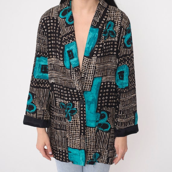 Boho Blazer 90s Button up Jacket Black White Abstract Floral Print Retro Hippie Blue Flower Statement Deep V Neck Vintage 1990s Large L