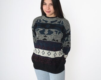 Geometric Sweater 90s Jacquard Pullover Knit Sweater Black Grey Blue Grunge Jumper Statement Pattern Acrylic Vintage 1990s Medium