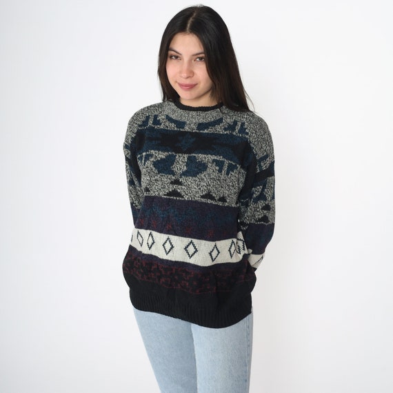 Geometric Sweater 90s Jacquard Pullover Knit Sweater Black Grey Blue Grunge Jumper Statement Pattern Acrylic Vintage 1990s Medium