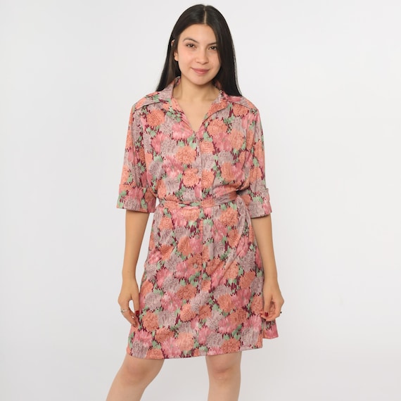 70s Abstract Floral Mini Dress 60s Shift Pink Mod Shirtdress Hippie Boho Button Up 1/2 Sleeve Vintage 1970s Bohemian Belted Extra Large xl