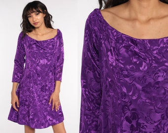 80s Floral Dress Purple Embossed Dress Mini Dress Sheath Dress 1980s Long Sleeve Vintage Minidress Shift Large