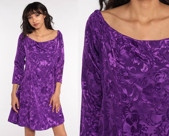 80s Floral Dress Purple Embossed Dress Mini Dress Sheath Dress 1980s Long Sleeve Vintage Minidress Shift Large