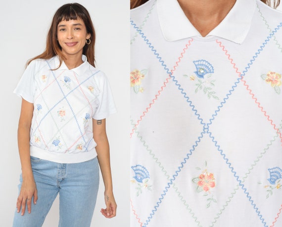 Floral Embroidered Top 90s White Polo Shirt Paste… - image 1